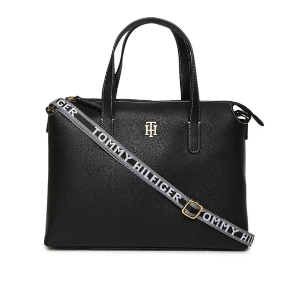 NEW Tommy Hilfiger Women's Gina II Convertible Top Zip Satchel Peb - Bag - Black - Picture 2 of 10